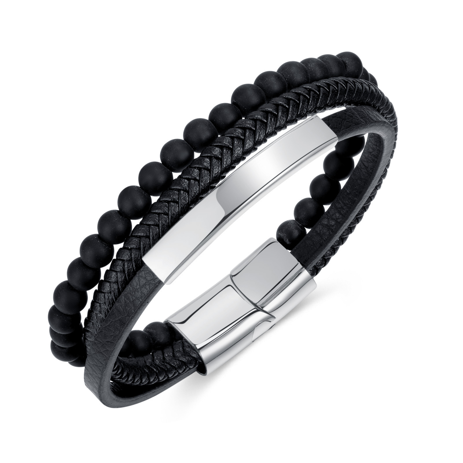 MYK3294-Stainless steel curved magnetic clasp glass bead multi-layer woven leather bracelet