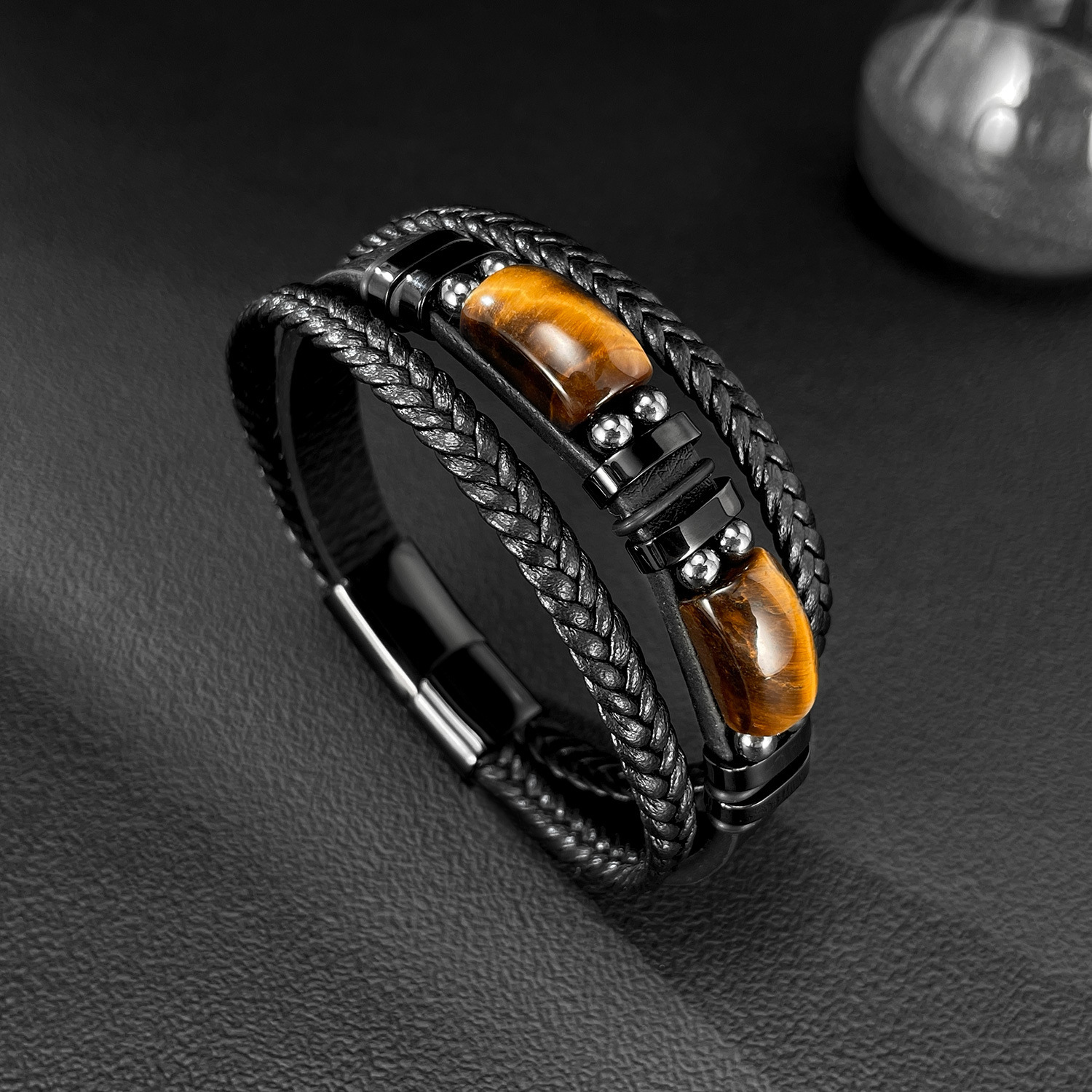 MYK3275-Stainless steel tiger eye stone and black gallstone multi-layered woven leather bracelet