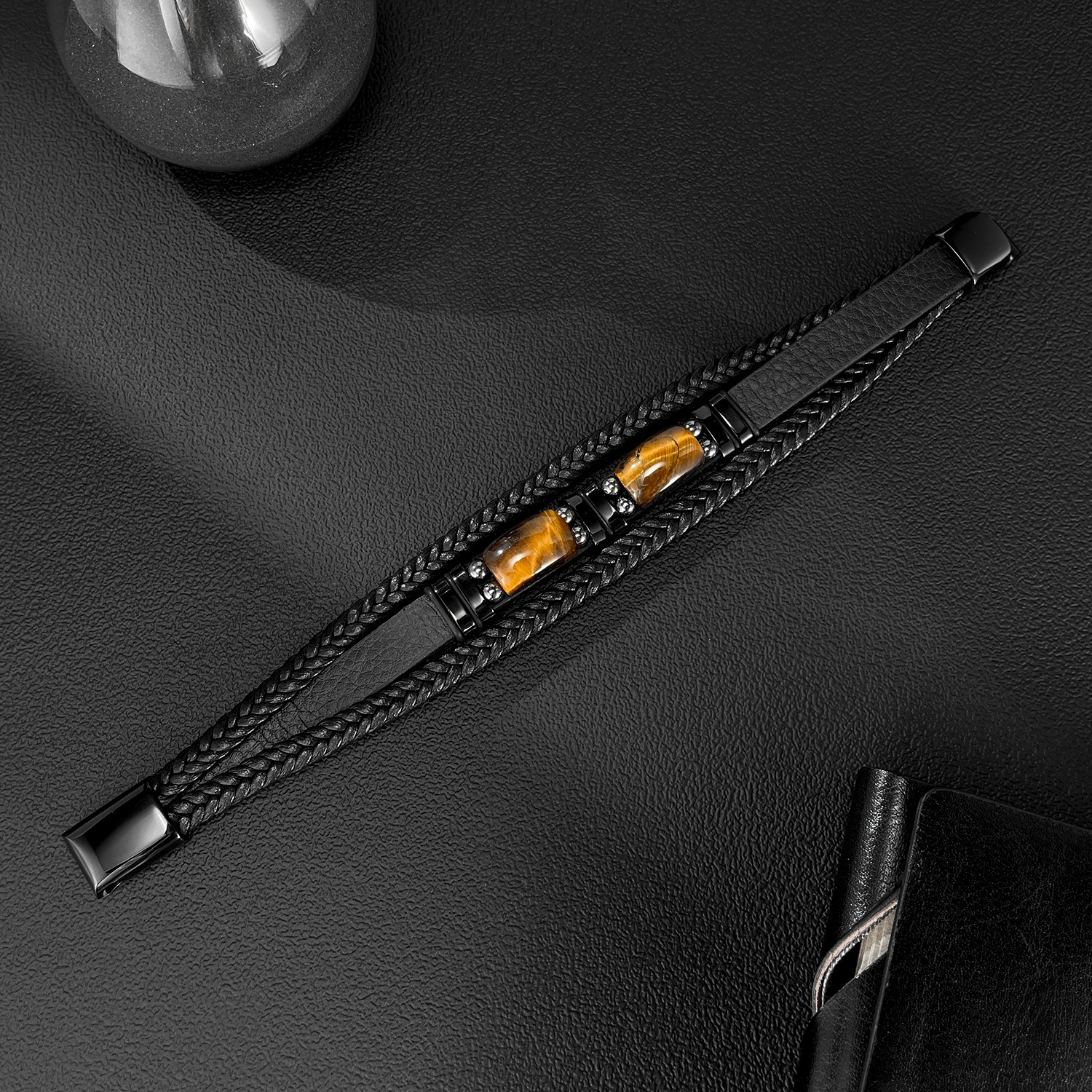 MYK3275-Stainless steel tiger eye stone and black gallstone multi-layered woven leather bracelet