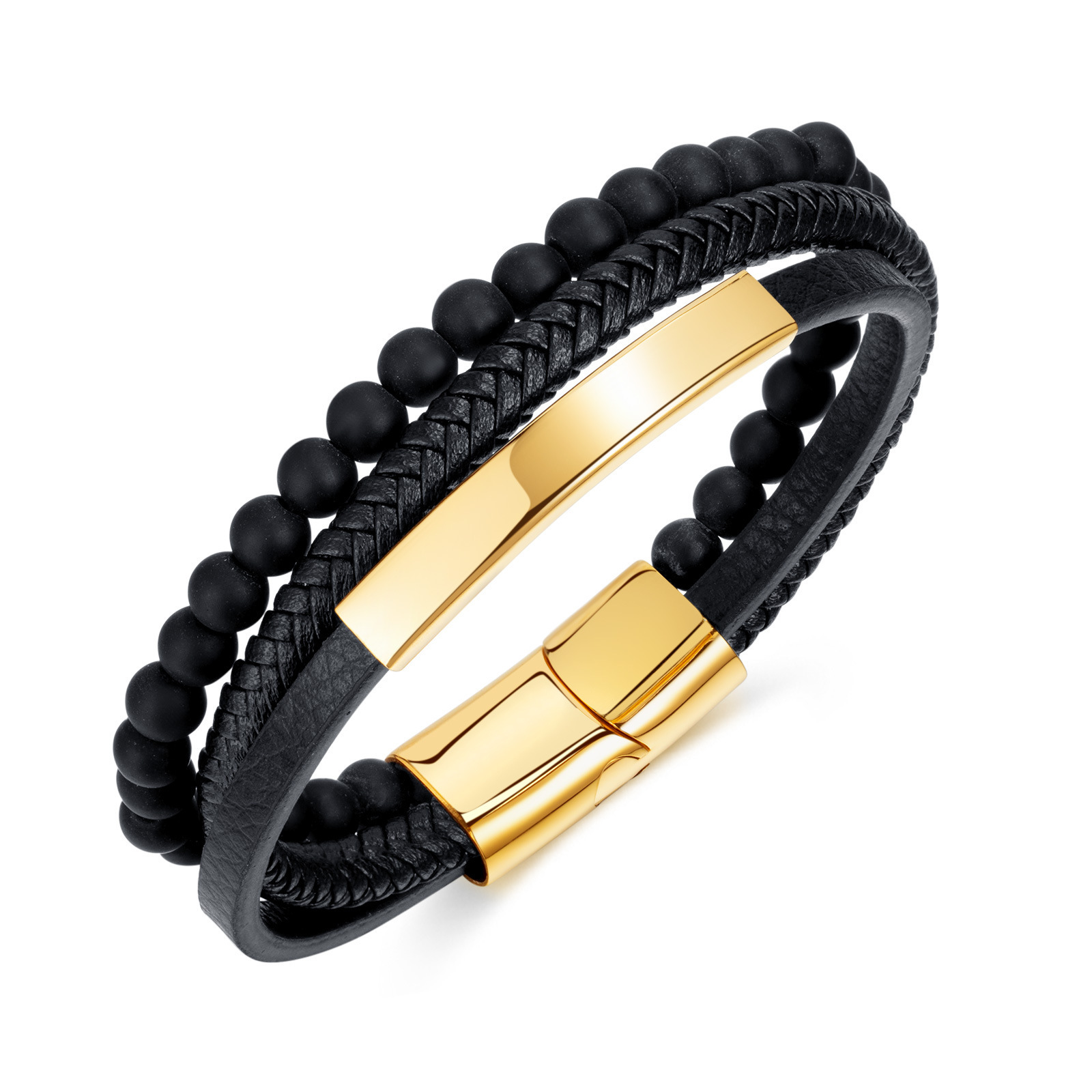 MYK3294-Stainless steel curved magnetic clasp glass bead multi-layer woven leather bracelet