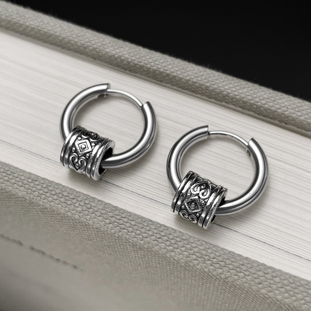 MYK3264-Trendy men's stainless steel hoop earrings with a unique retro style