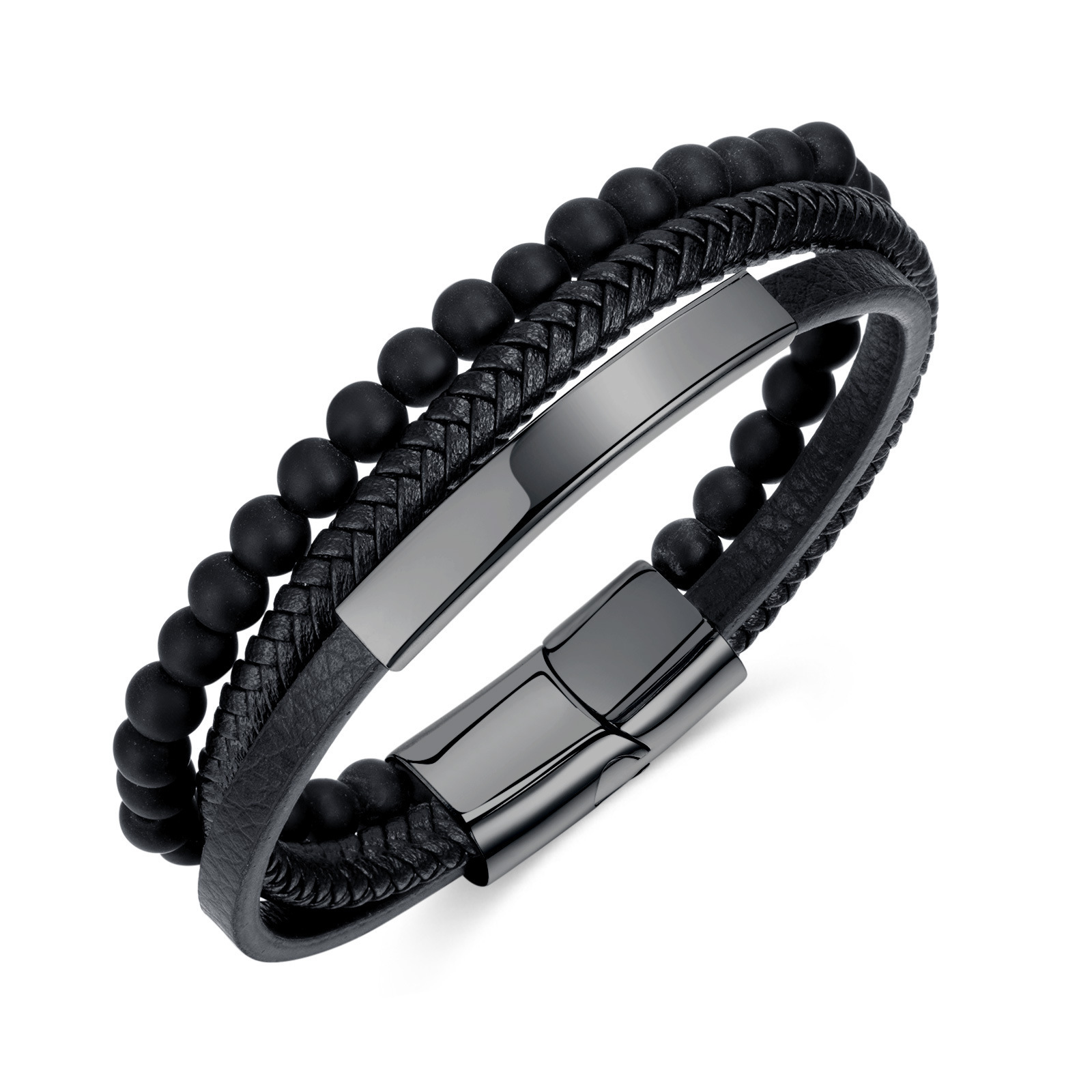 MYK3294-Stainless steel curved magnetic clasp glass bead multi-layer woven leather bracelet