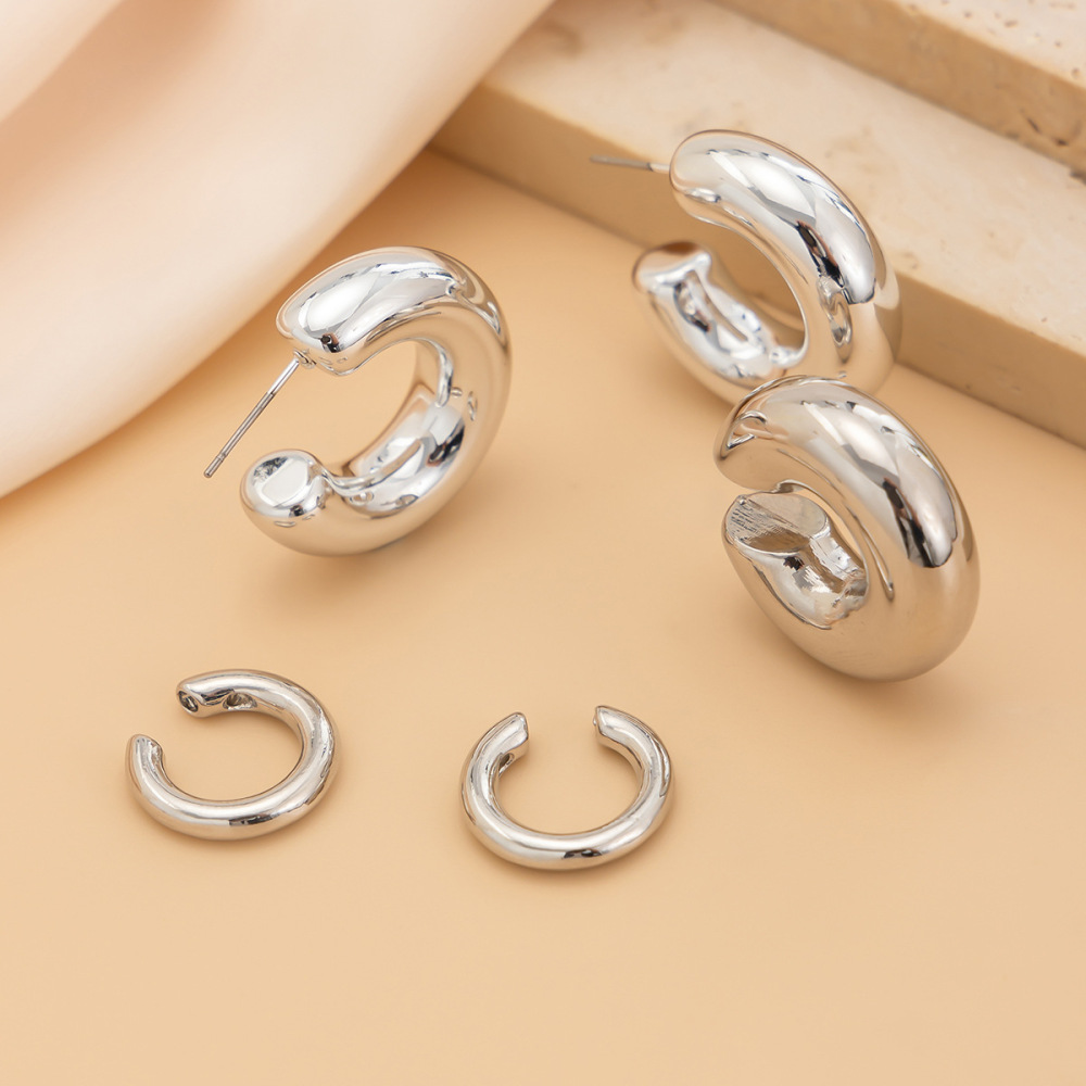Smooth C-shaped hoop alloy clip-on earring set