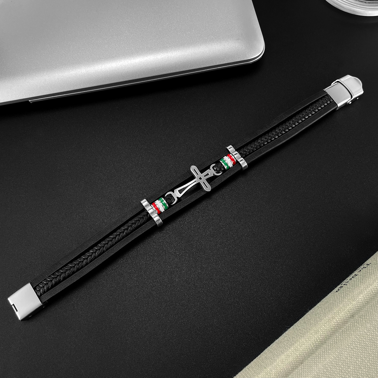 MYK3333-Cross-shaped hand-woven multi-layered hip-hop leather bracelet