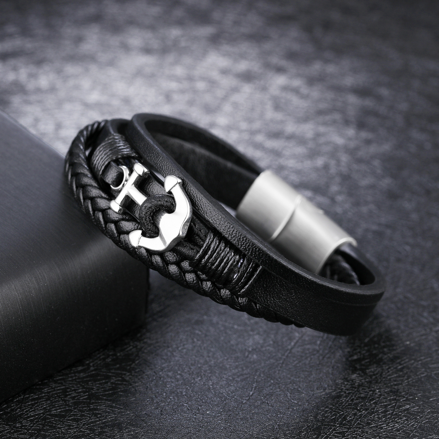 MYK3339-Punk-style woven multi-layered leather bracelet with inverted magnetic clasp