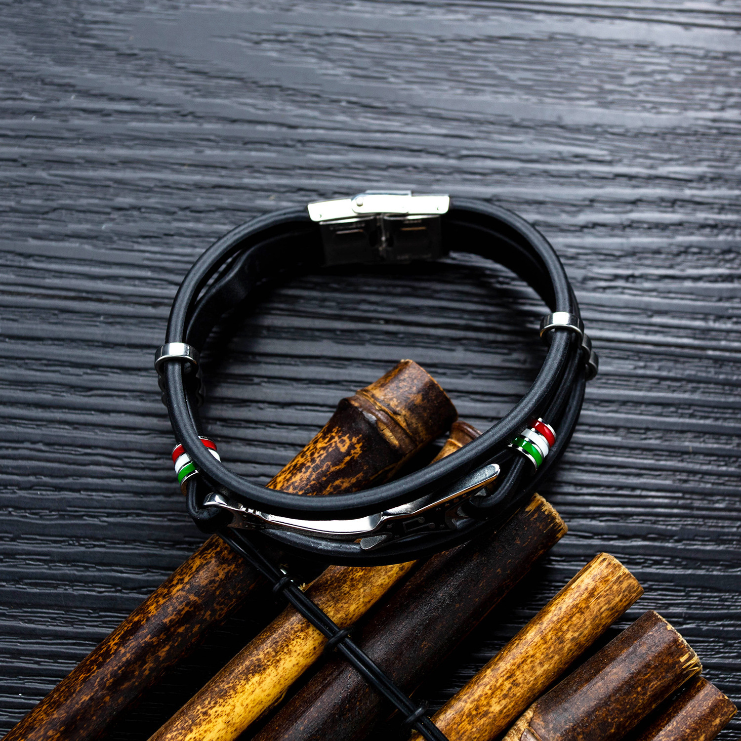 MYK3343-Hip Hop Stainless Steel Mini Guitar Multi-Layer Braided Leather Bracelet