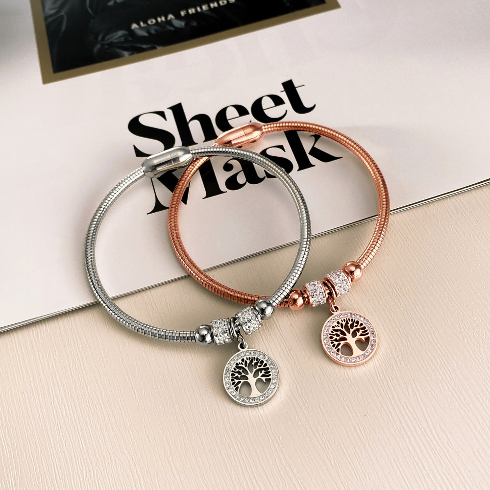MYK3310-Stylish Diamond-Studded Tree of Life Stainless Steel Bracelet