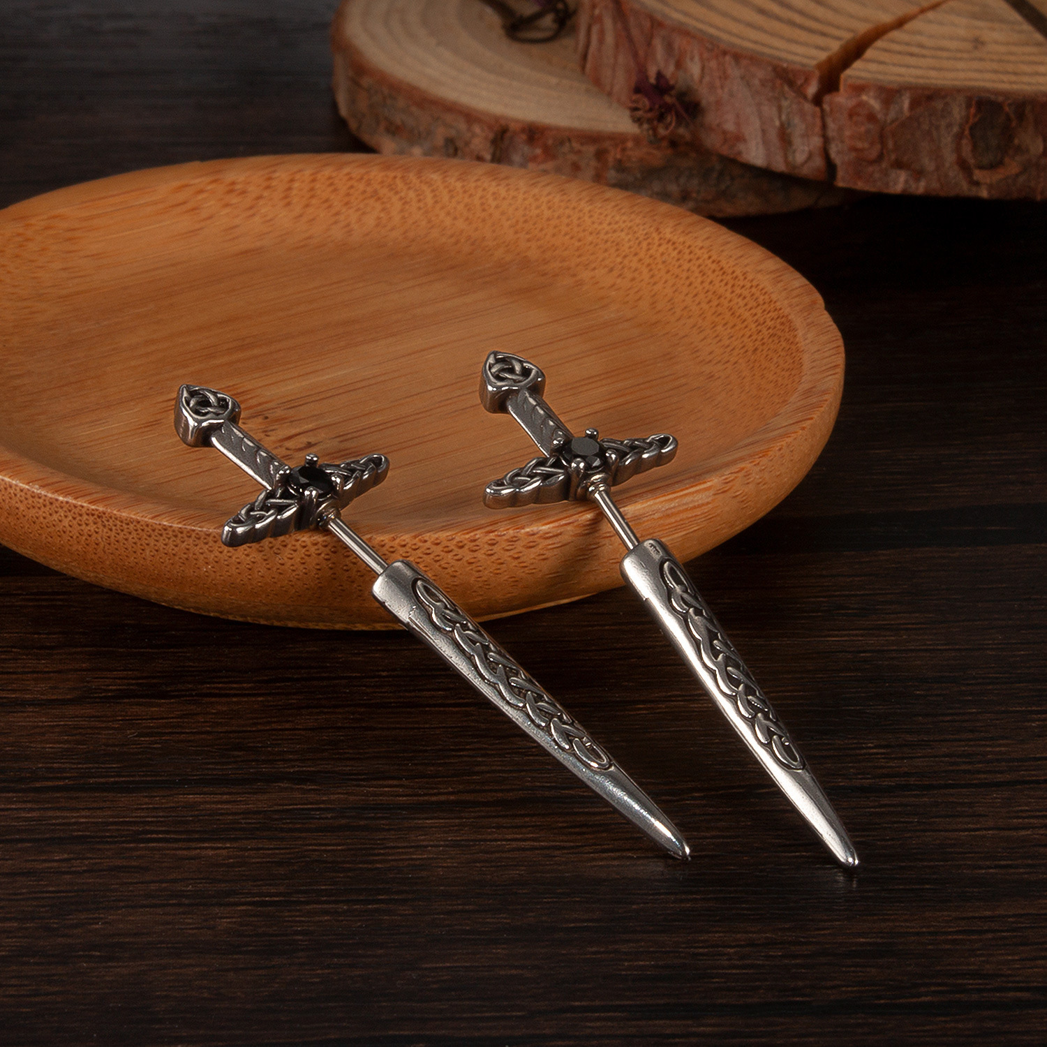 MYK3358-Hip-hop trendy stainless steel Celtic knot sword earrings