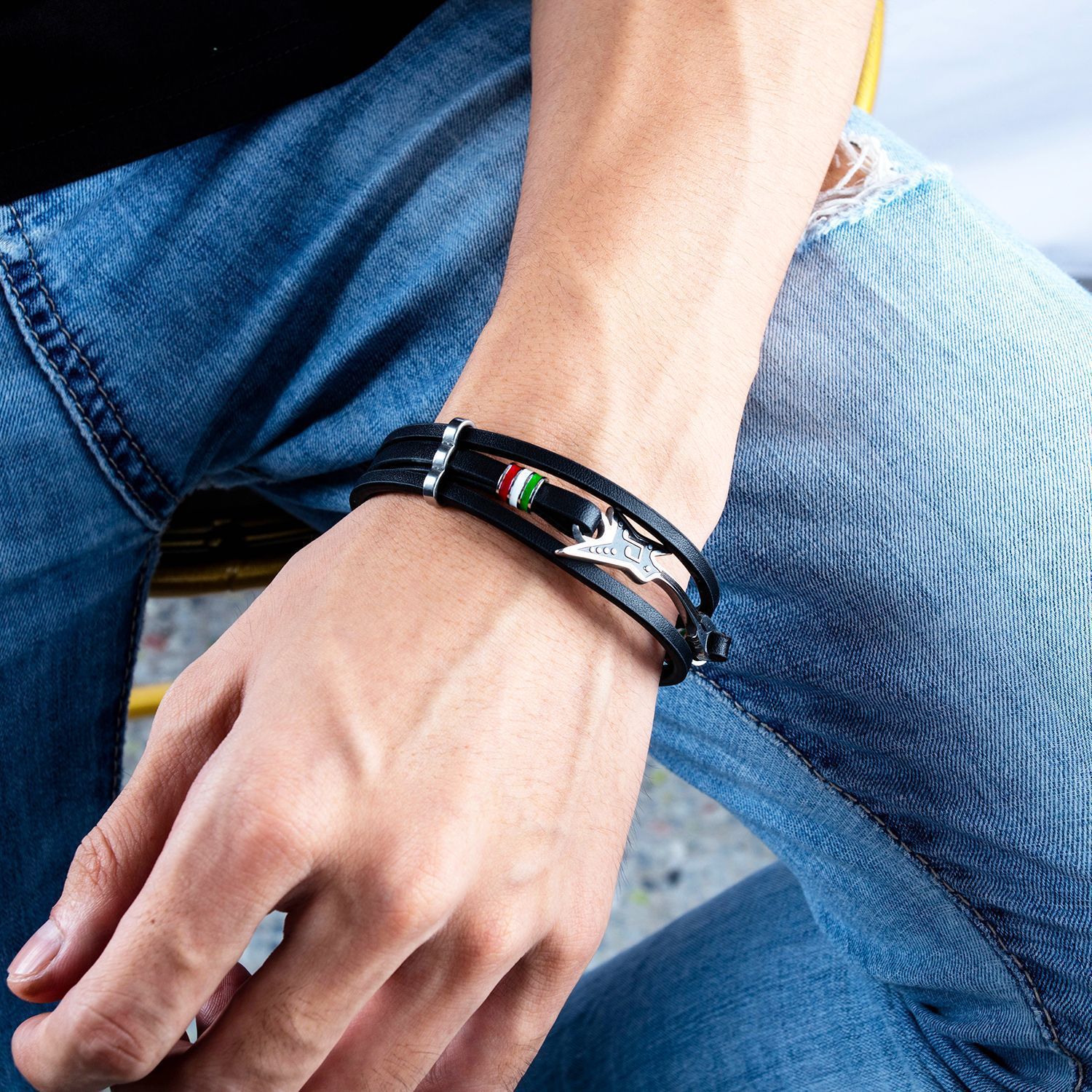 MYK3343-Hip Hop Stainless Steel Mini Guitar Multi-Layer Braided Leather Bracelet