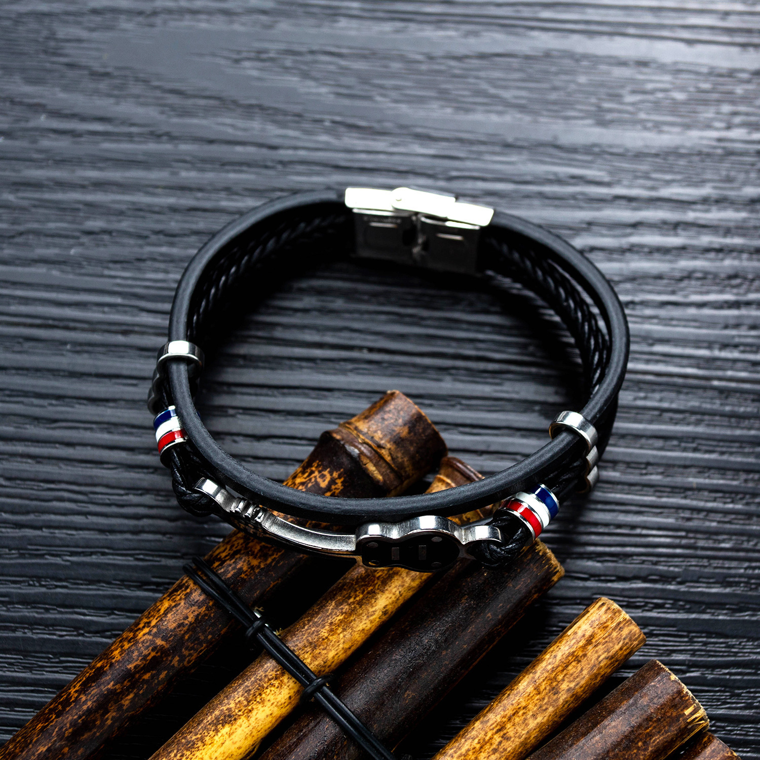 MYK3348-Multi-layered woven leather hip-hop punk guitar bracelet