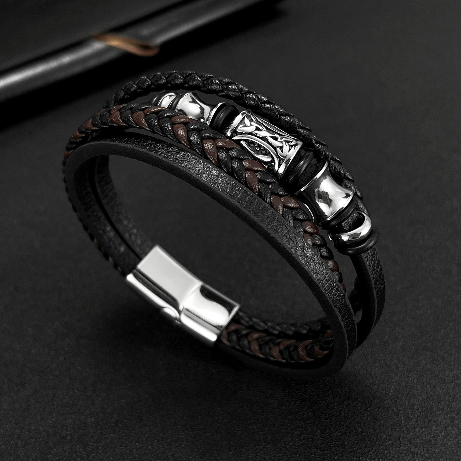 MYK3373-Stainless steel multi-layered woven leather bracelet