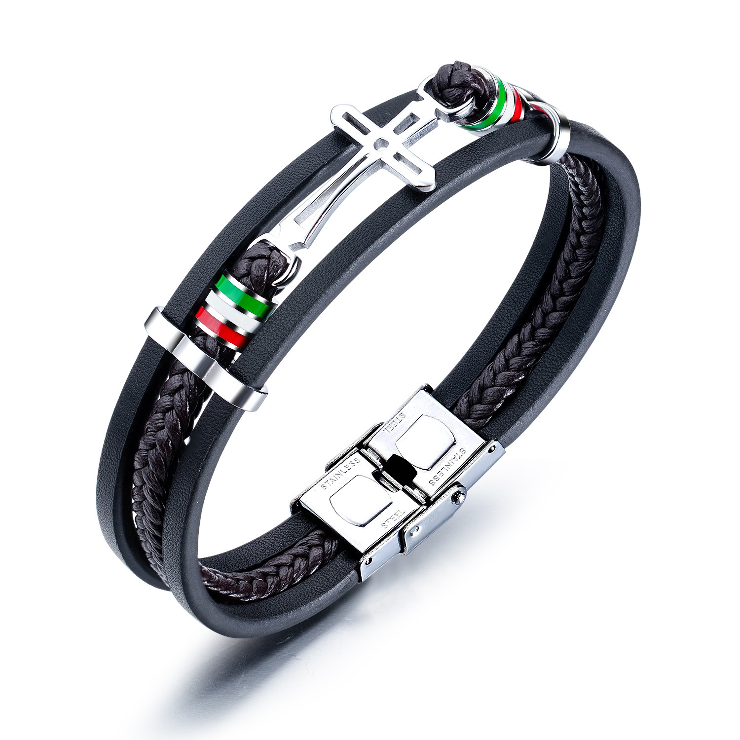 MYK3333-Cross-shaped hand-woven multi-layered hip-hop leather bracelet