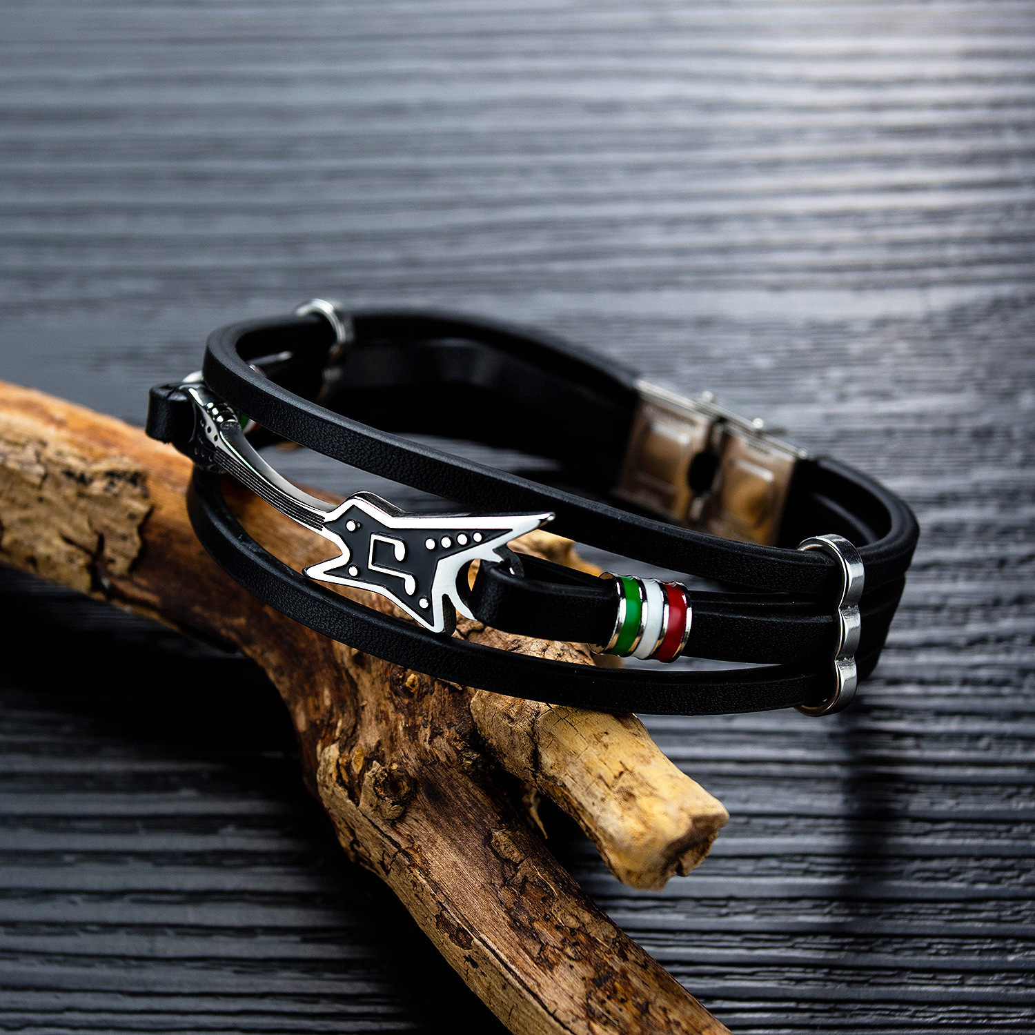 MYK3343-Hip Hop Stainless Steel Mini Guitar Multi-Layer Braided Leather Bracelet