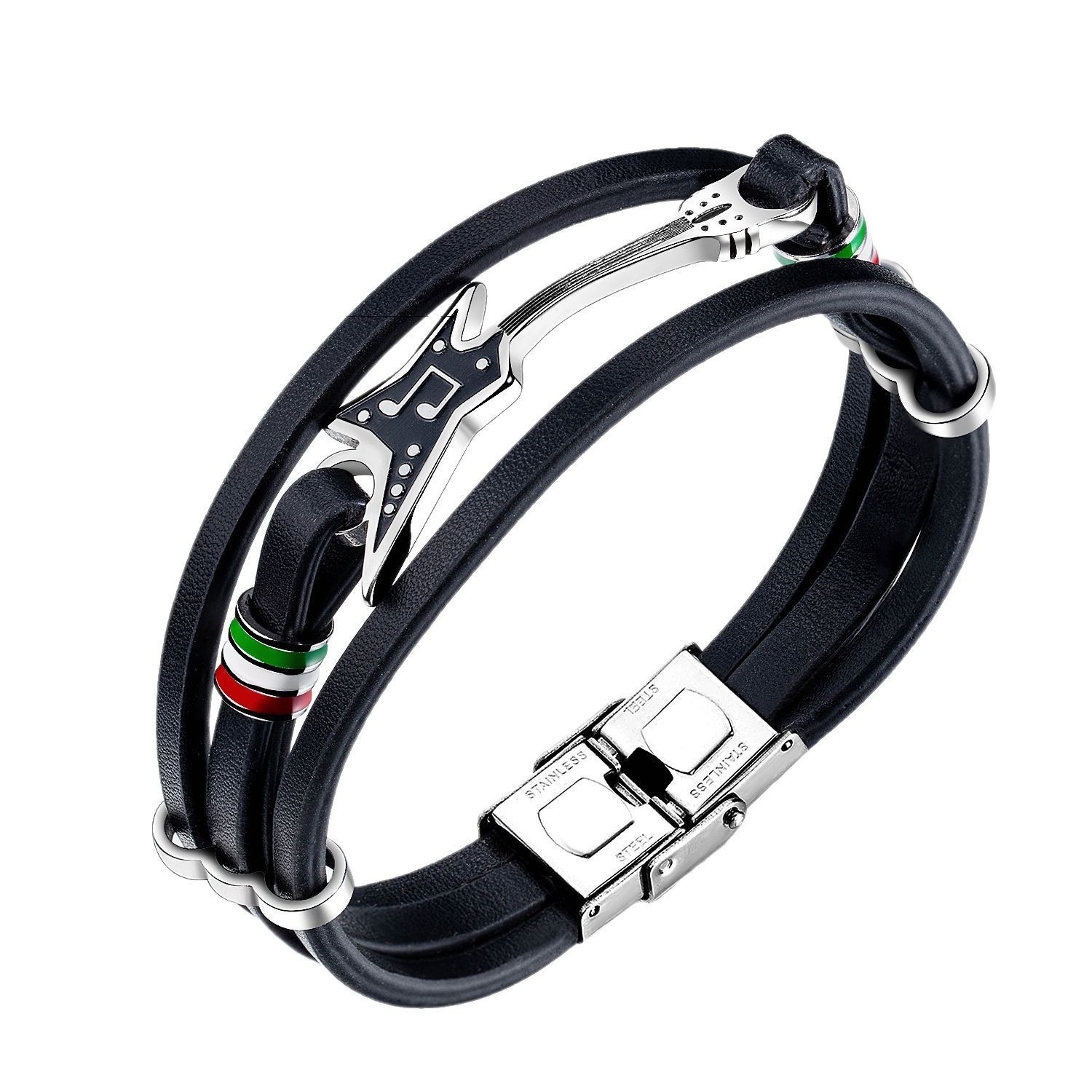 MYK3343-Hip Hop Stainless Steel Mini Guitar Multi-Layer Braided Leather Bracelet