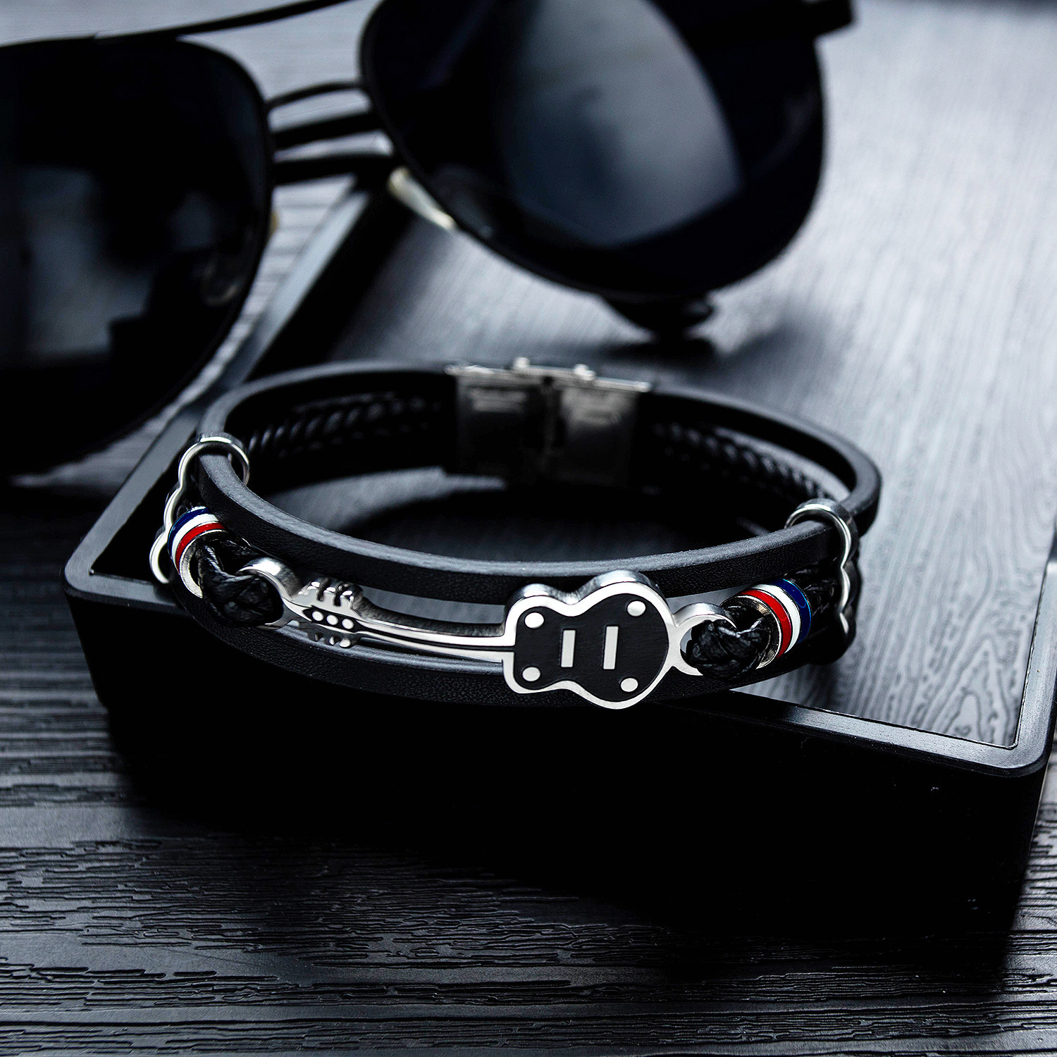 MYK3348-Multi-layered woven leather hip-hop punk guitar bracelet