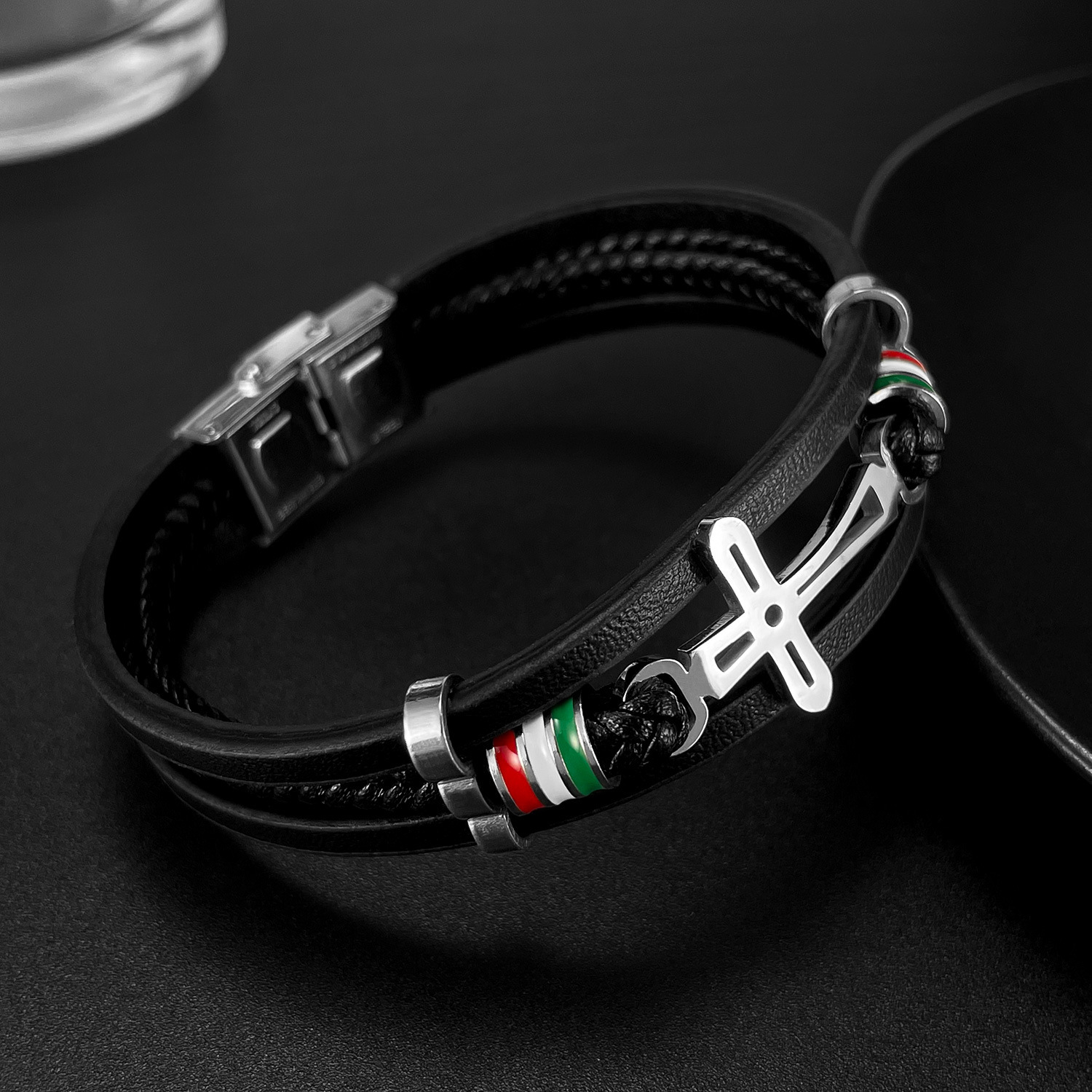 MYK3333-Cross-shaped hand-woven multi-layered hip-hop leather bracelet
