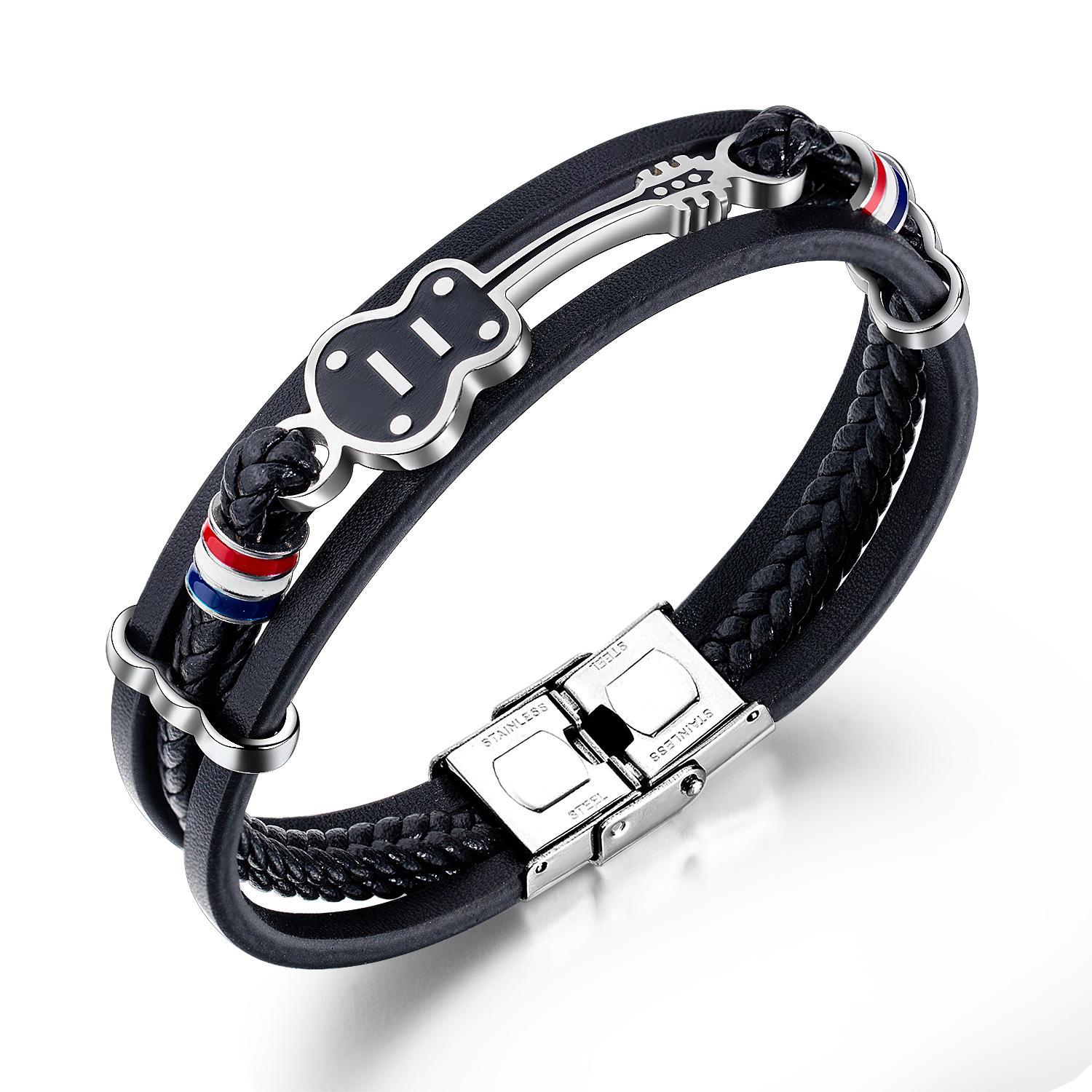 MYK3348-Multi-layered woven leather hip-hop punk guitar bracelet