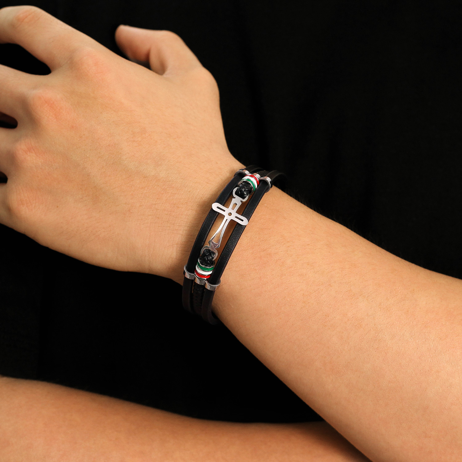 MYK3333-Cross-shaped hand-woven multi-layered hip-hop leather bracelet