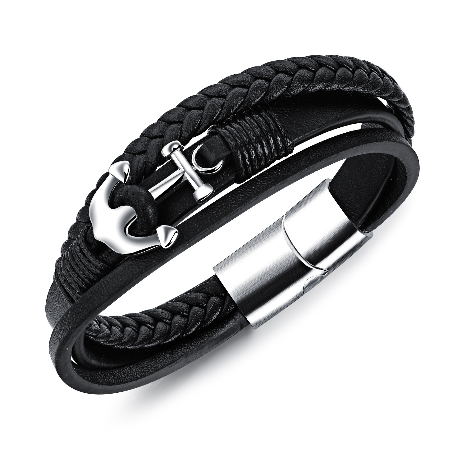MYK3339-Punk-style woven multi-layered leather bracelet with inverted magnetic clasp