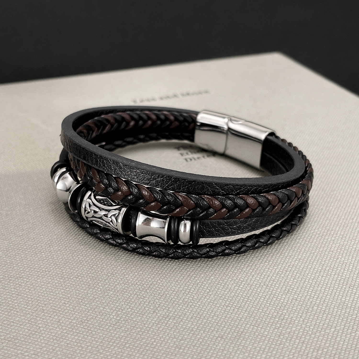 MYK3373-Stainless steel multi-layered woven leather bracelet