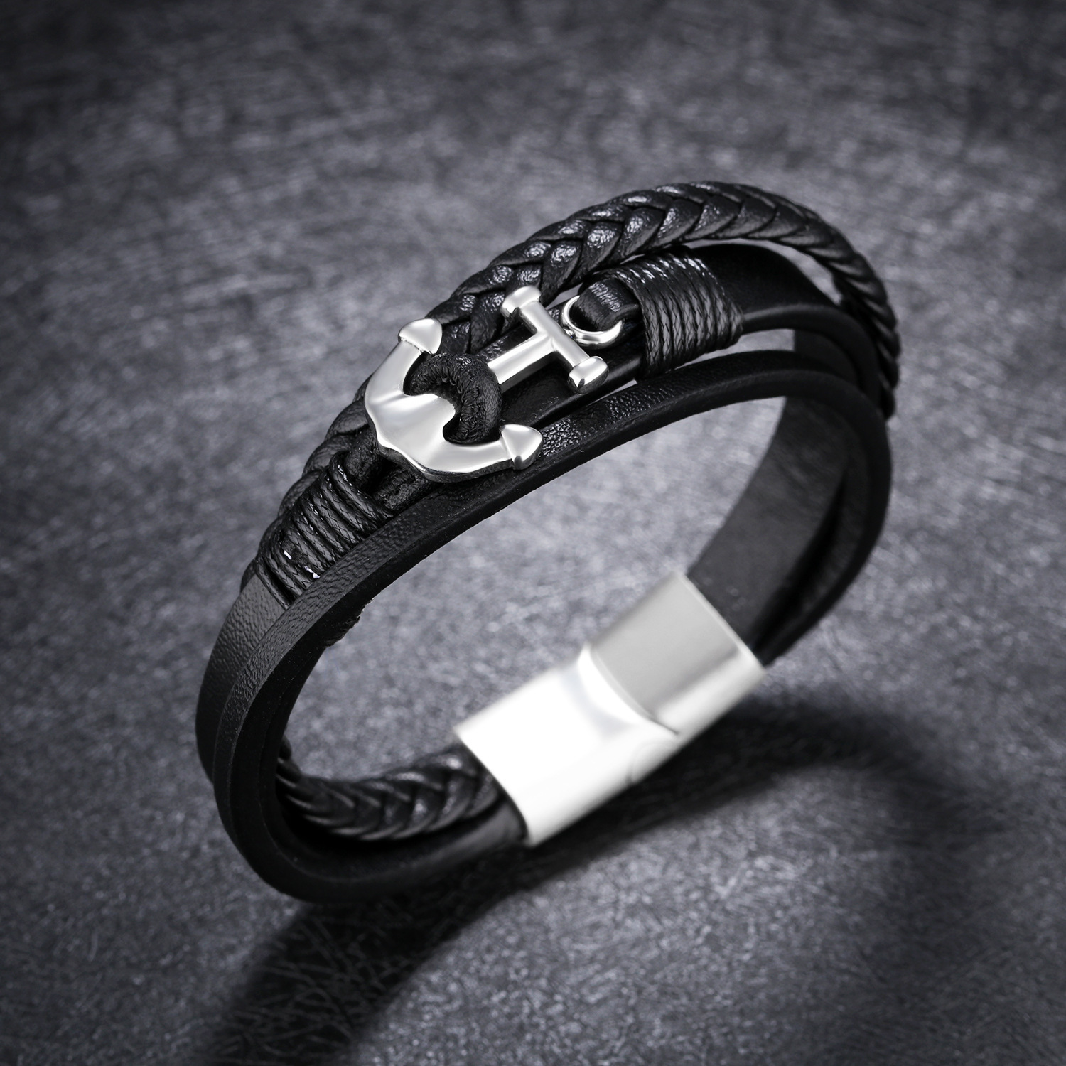 MYK3339-Punk-style woven multi-layered leather bracelet with inverted magnetic clasp