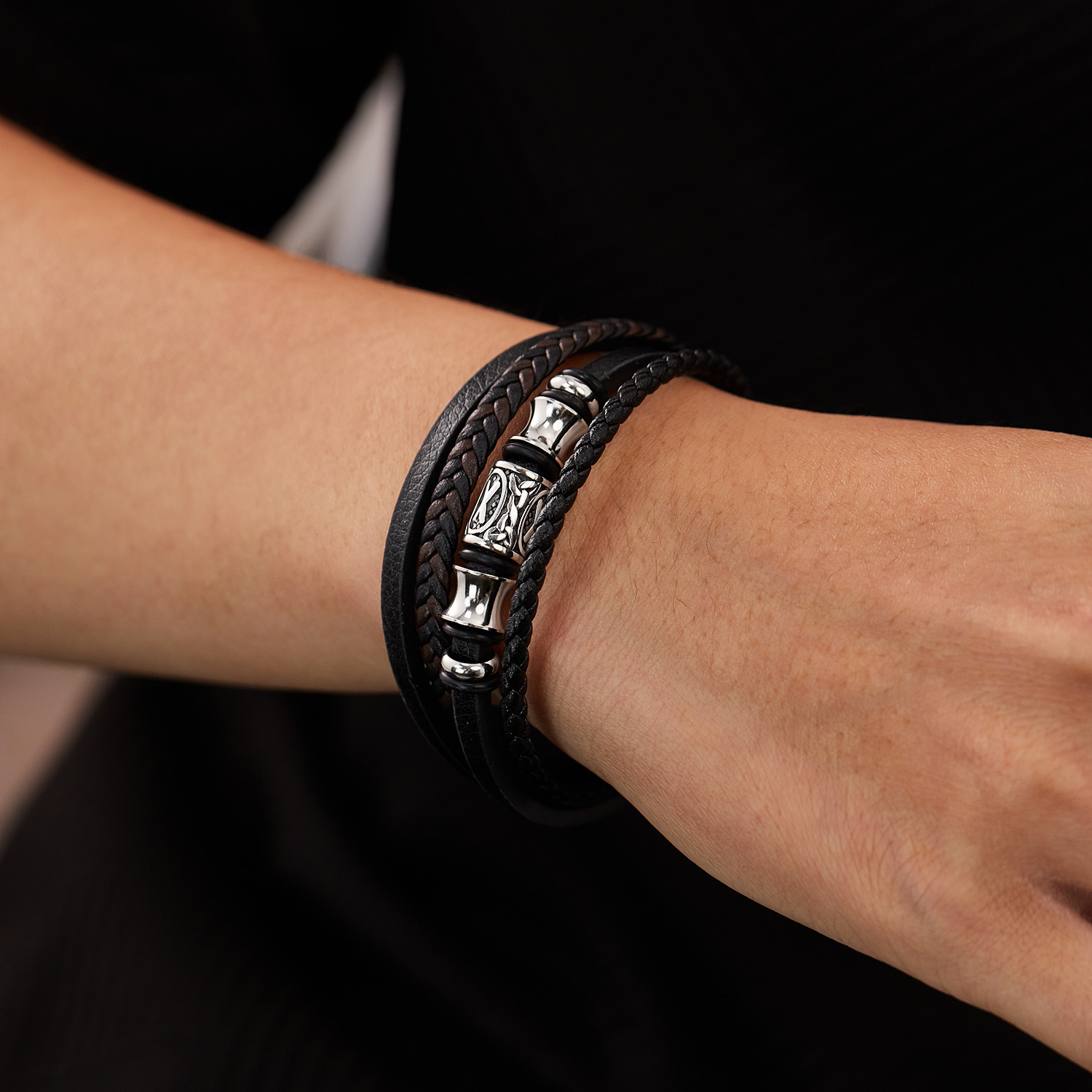 MYK3373-Stainless steel multi-layered woven leather bracelet
