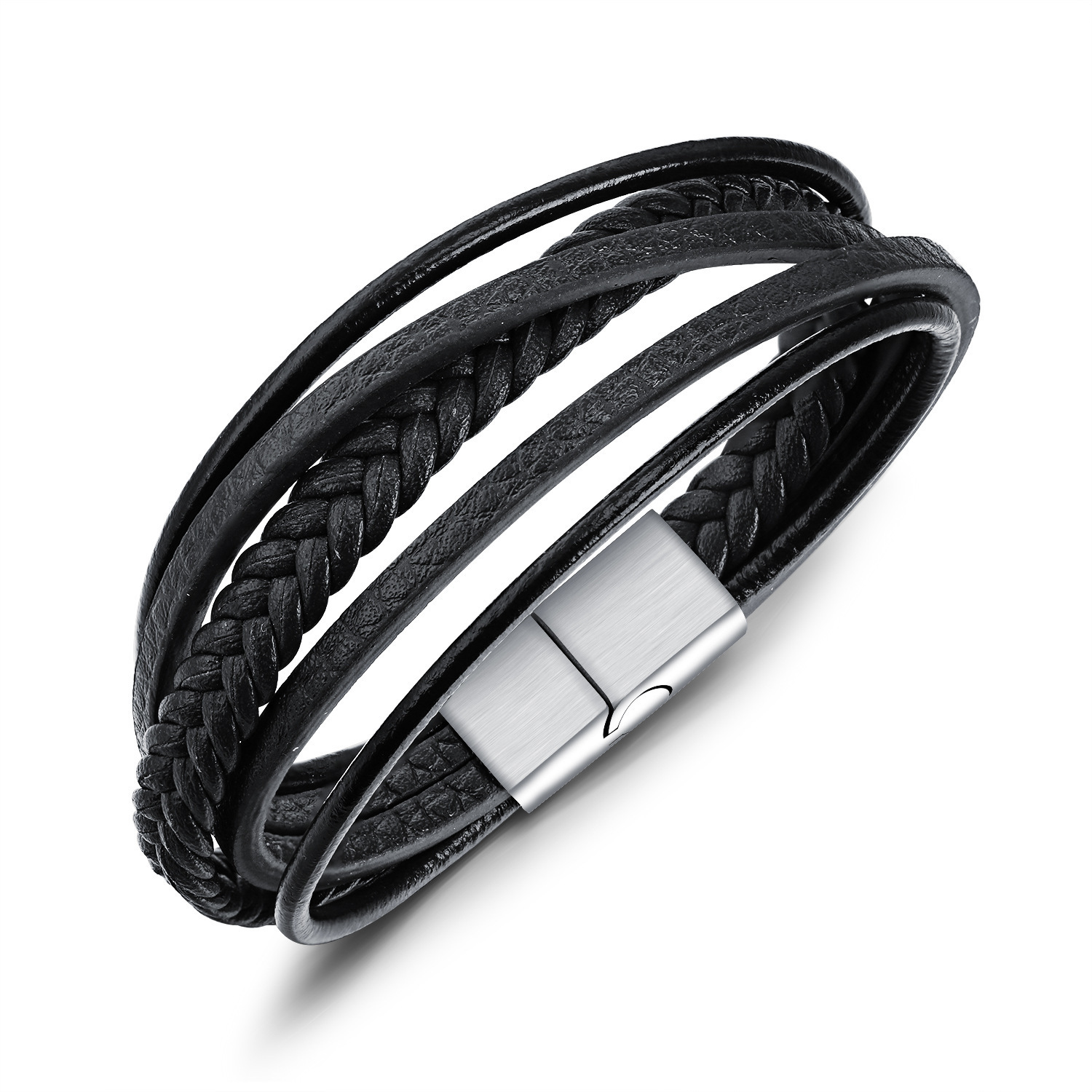 MYK3398-Stainless steel multi-layered woven leather bracelet