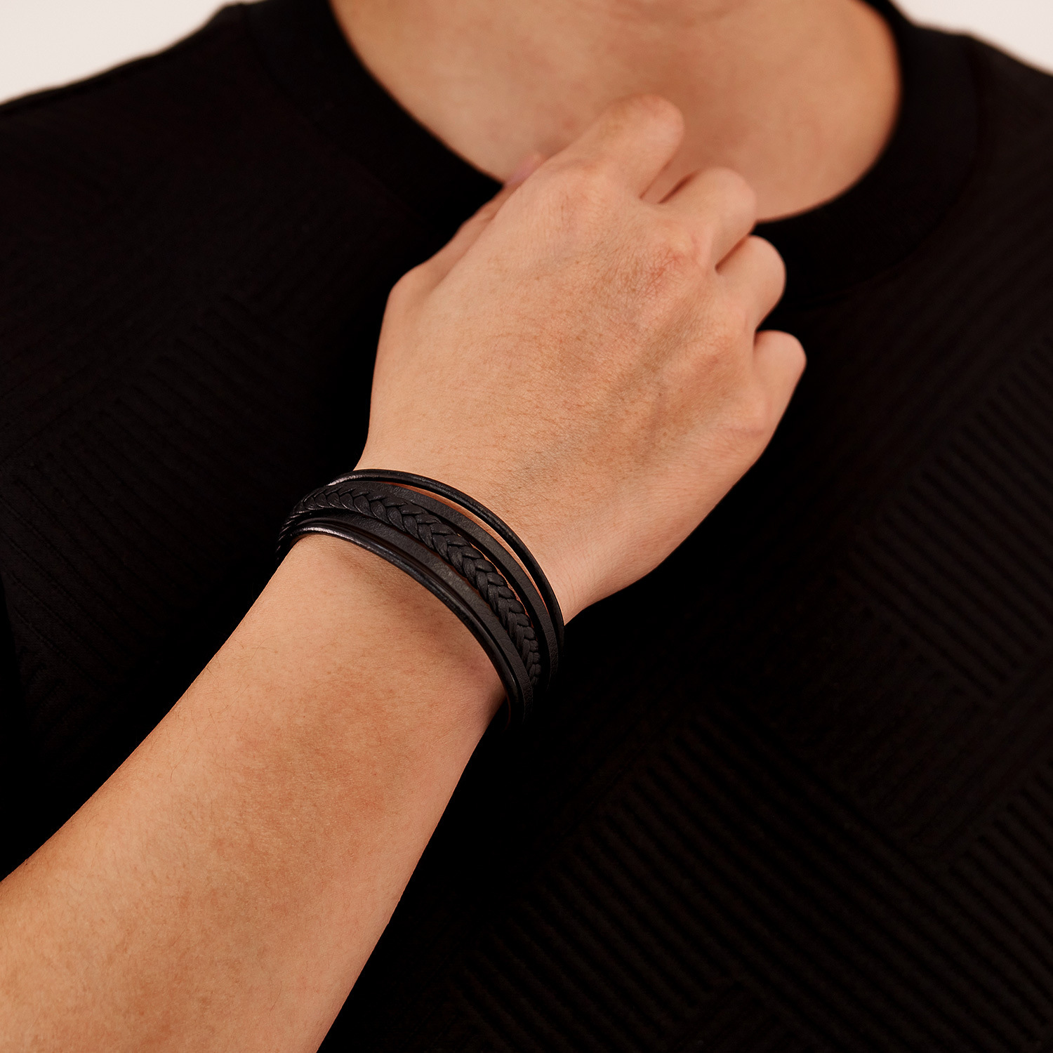 MYK3398-Stainless steel multi-layered woven leather bracelet
