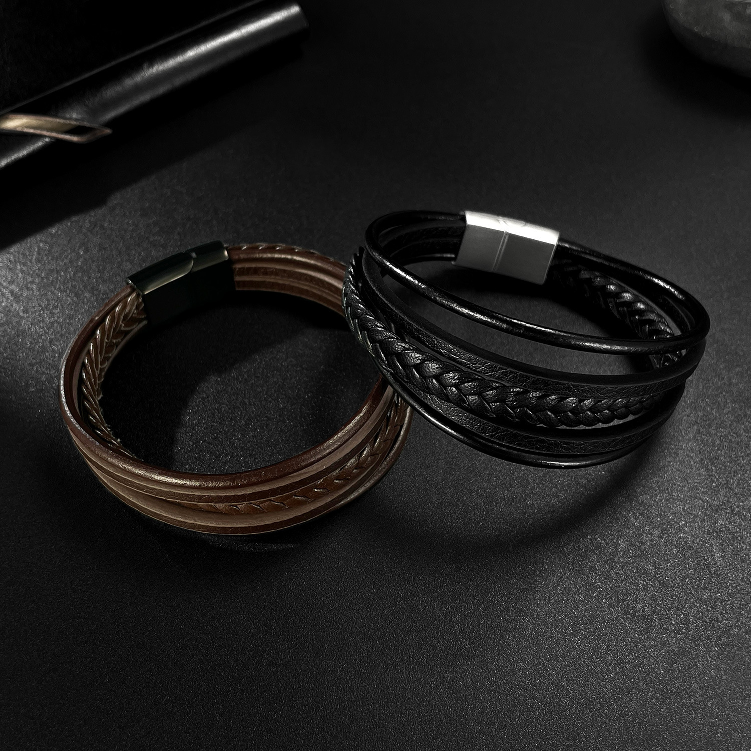 MYK3398-Stainless steel multi-layered woven leather bracelet