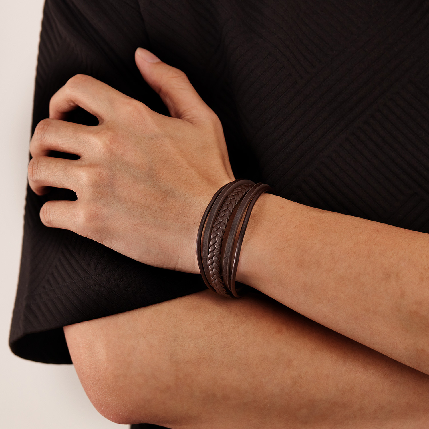 MYK3398-Stainless steel multi-layered woven leather bracelet