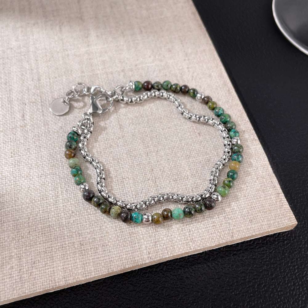 MYK3421-Stainless steel tiger's eye double-layered African turquoise bracelet