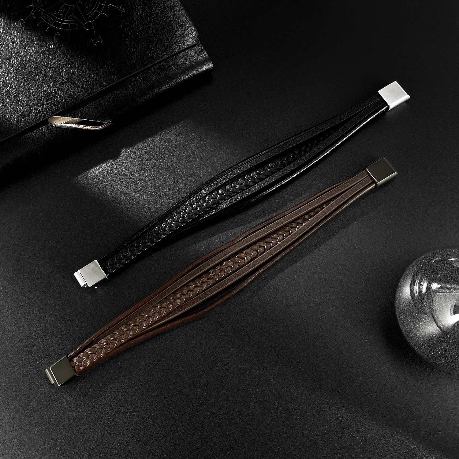 MYK3398-Stainless steel multi-layered woven leather bracelet