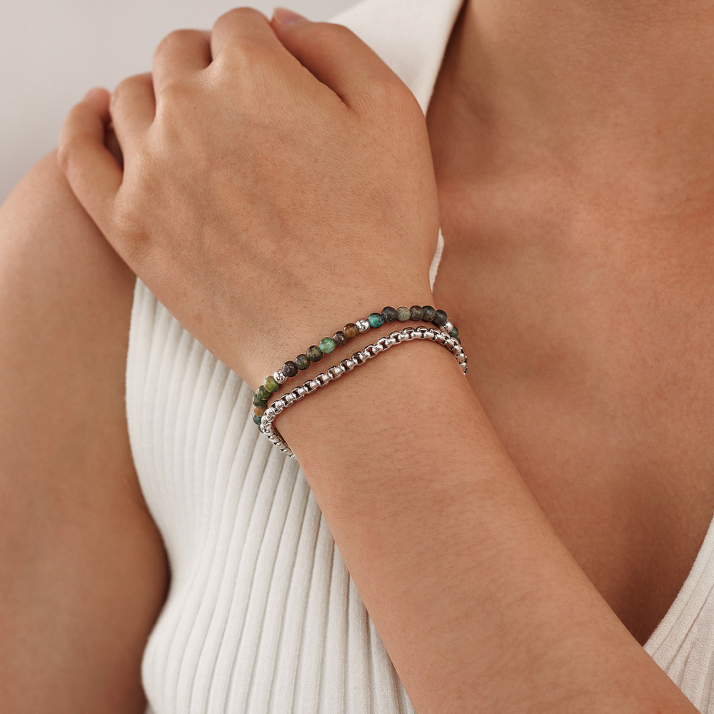MYK3421-Stainless steel tiger's eye double-layered African turquoise bracelet