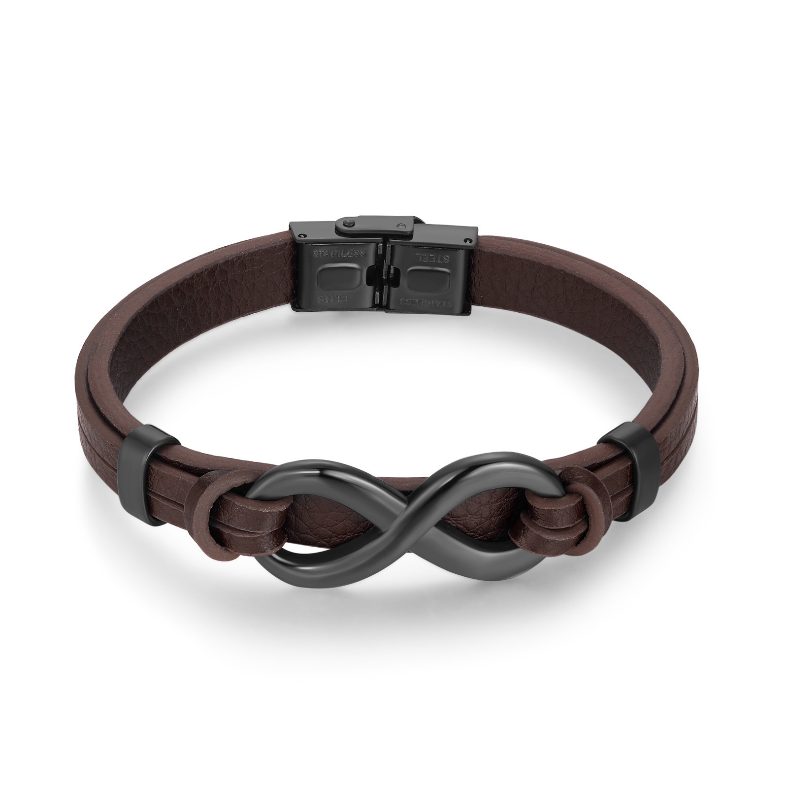 MYK3386-Figure 8 Infinity Stainless Steel Adjustable Leather Bracelet