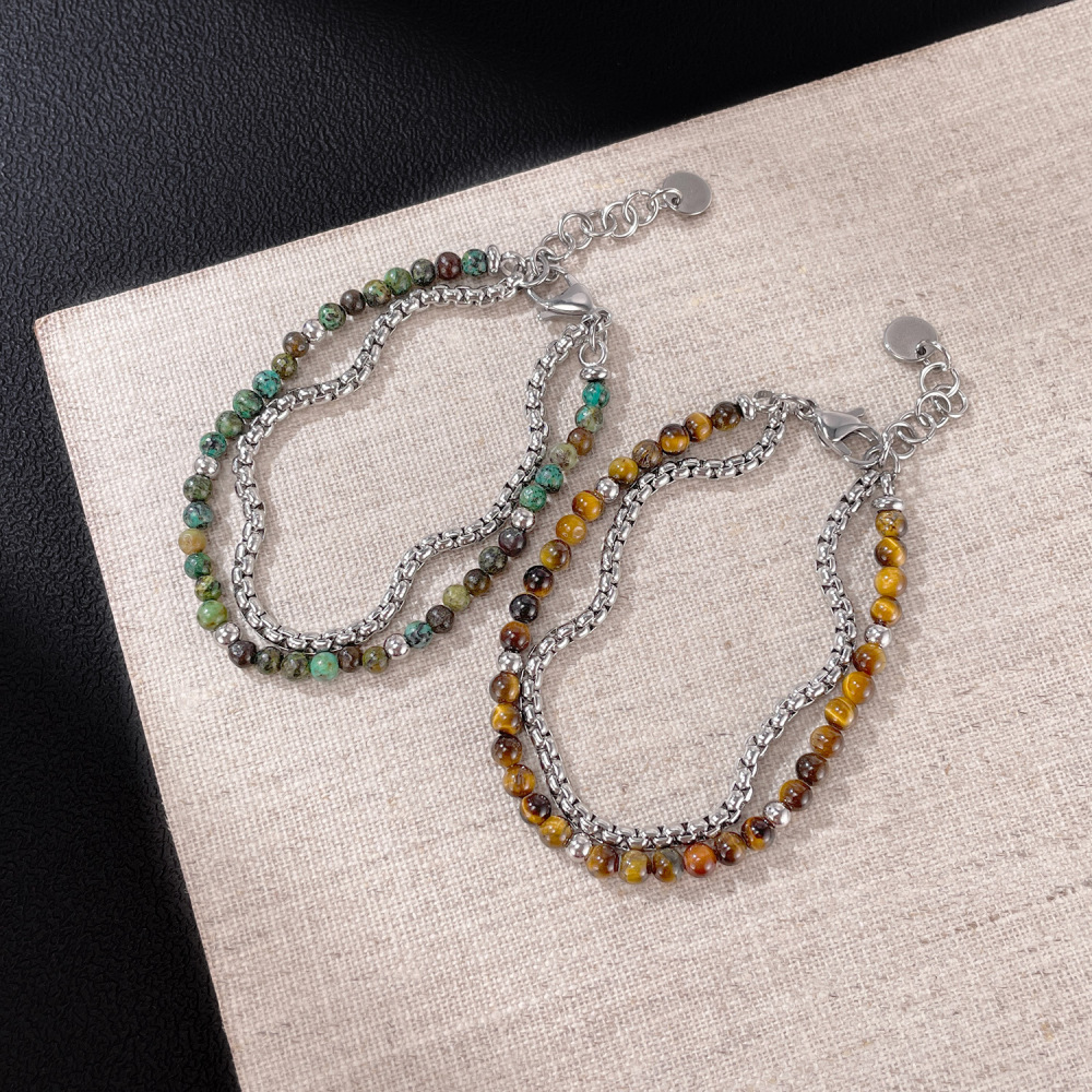MYK3421-Stainless steel tiger's eye double-layered African turquoise bracelet