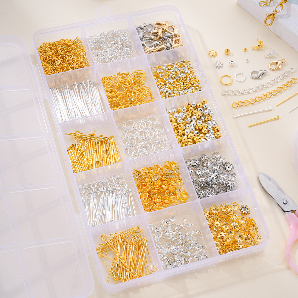 15-Compartment Metal Lobster Clasp Open Beaded Ring DIY Kit