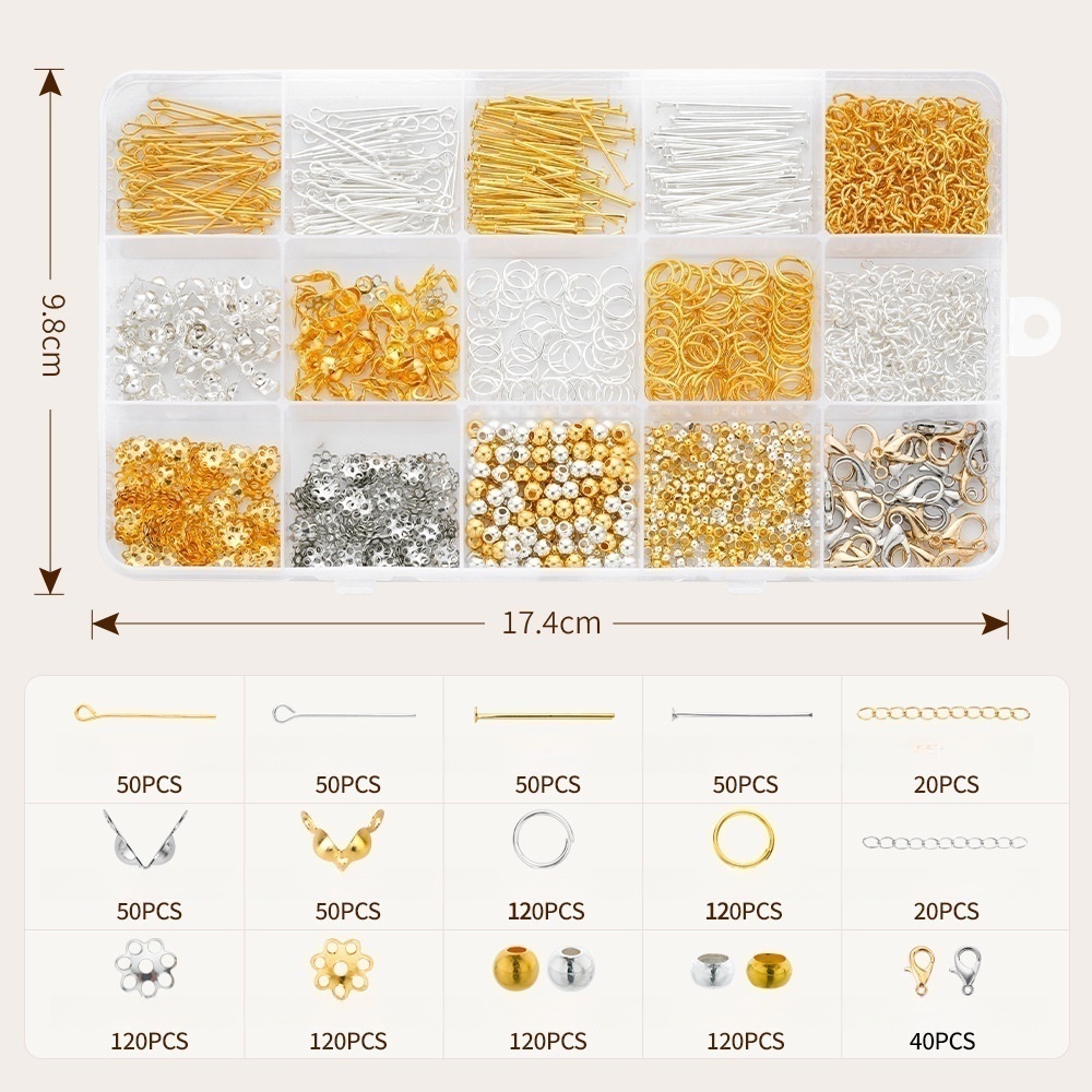 15-Compartment Metal Lobster Clasp Open Beaded Ring DIY Kit
