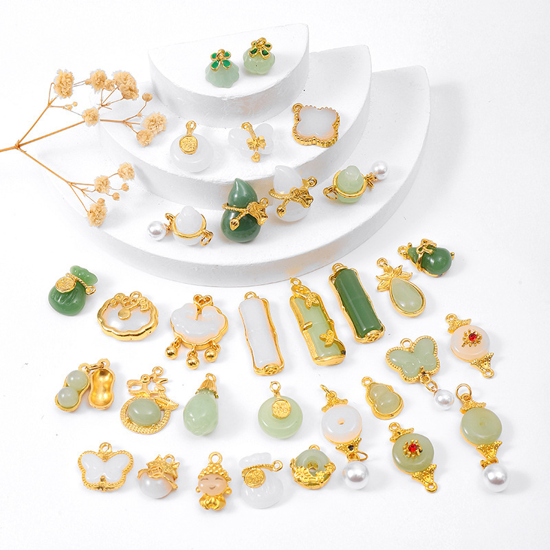 MYK3744-100 pieces/bag of green jade pendants, 18K gold DIY accessories