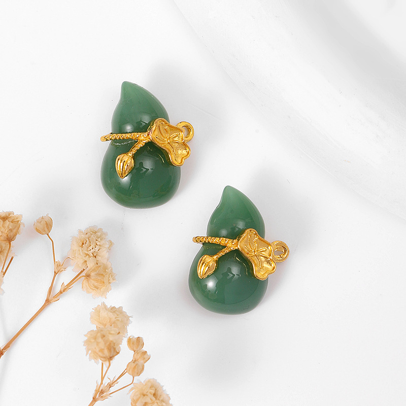 MYK3744-100 pieces/bag of green jade pendants, 18K gold DIY accessories