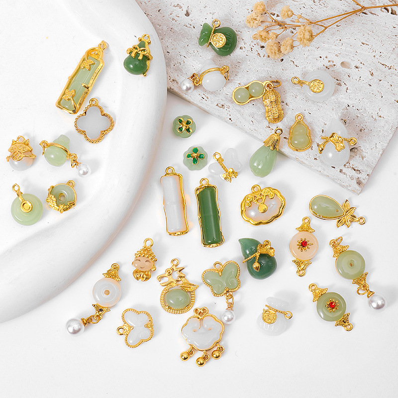 MYK3744-100 pieces/bag of green jade pendants, 18K gold DIY accessories