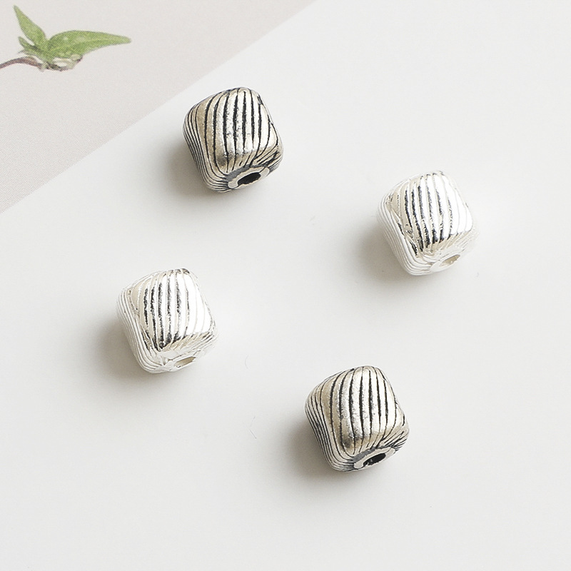 S925 Sterling Silver Retro Minimalist Diagonal Pattern Square Spacer Beads - DIY Accessories