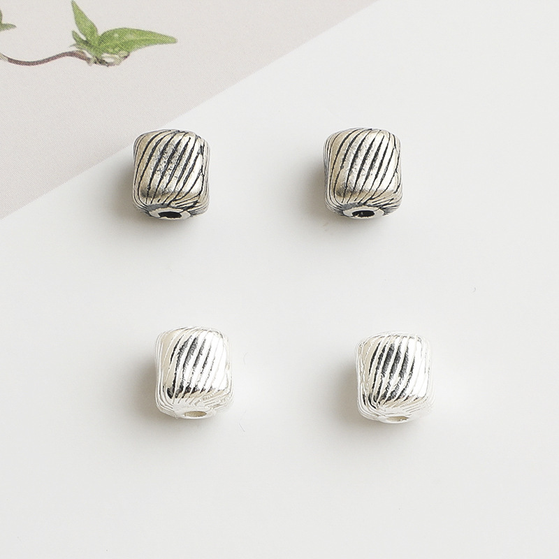 S925 Sterling Silver Retro Minimalist Diagonal Pattern Square Spacer Beads - DIY Accessories