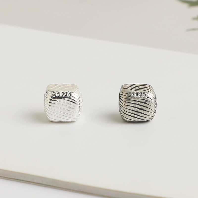 S925 Sterling Silver Retro Minimalist Diagonal Pattern Square Spacer Beads - DIY Accessories