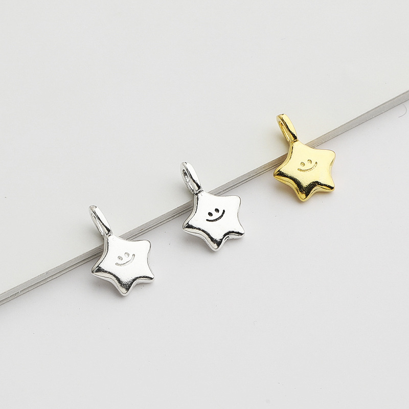 S925 Sterling Silver Gold-Plated Smiley Face Five-Pointed Star Pendant - DIY Accessory