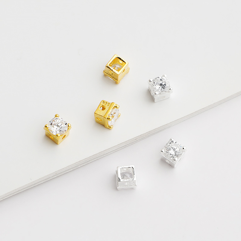 S925 Sterling Silver Exquisitely Crafted Diamond-Set Square Spacer Bead - DIY Accessory