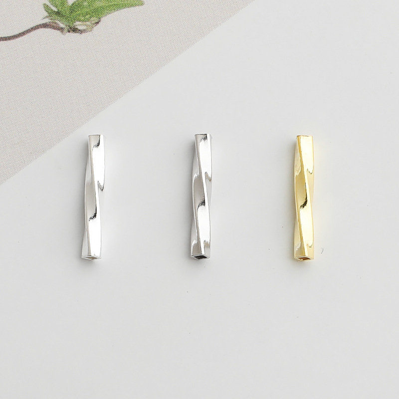 S925 Sterling Silver Gold-Plated Twisted Straight Tube Spacer Beads - DIY Accessories