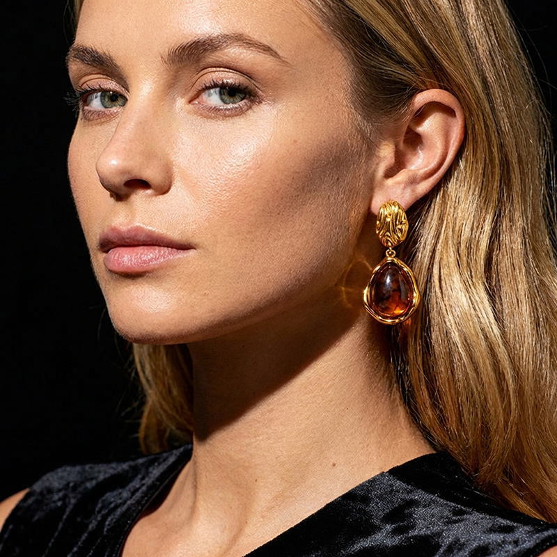 MYK4047-Exaggerated Tiger Eye Stone 18k Stainless Steel Earrings