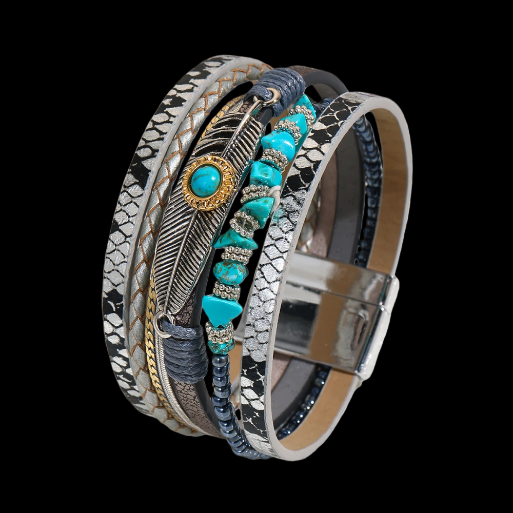 MYK1960-Jade Bohemian Style Bracelet with Pebbles, Feathers, Leather, Magnetic Clasp