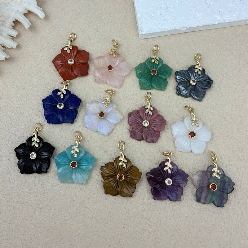 MYK4322-Natural stone crystal zircon hand-carved flower pendant