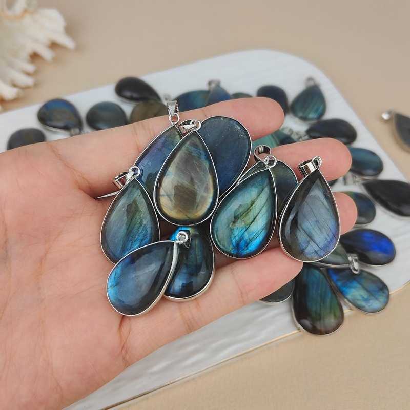 MYK4324-Natural Blue Moonstone Black Labradorite 925 Silver Teardrop Pendant